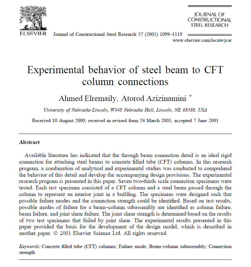 Reference research paper for steel beam to CFT column connection